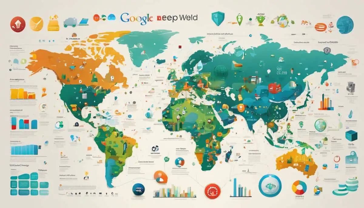 Image depicting the achievements of Google DeepMind, showcasing a world map with various icons representing different fields like gaming, healthcare, biology, and environment.